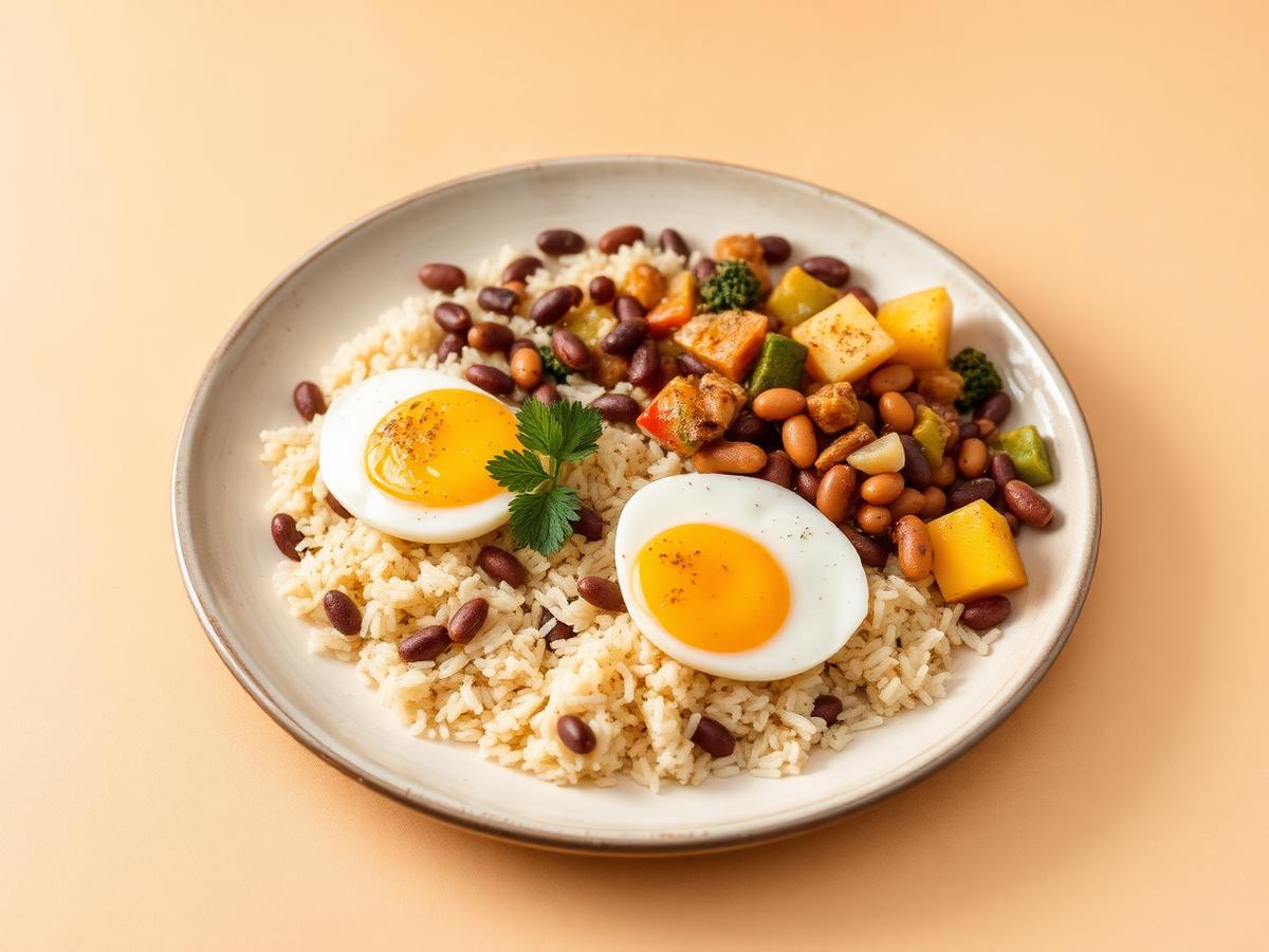 Plato económico con arroz, frijoles, huevo y verduras