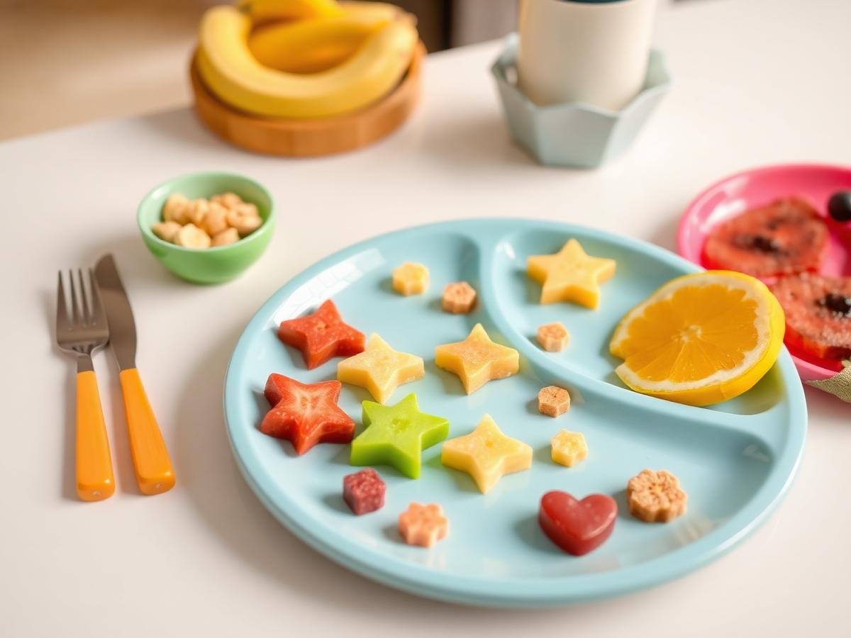 Plato colorido con frutas y snacks pensados para niños