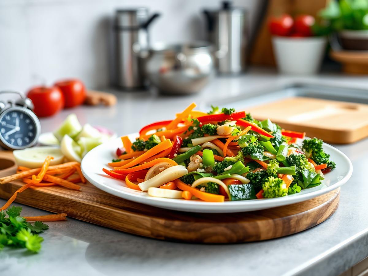 Preparación rápida de verduras salteadas en una cocina luminosa