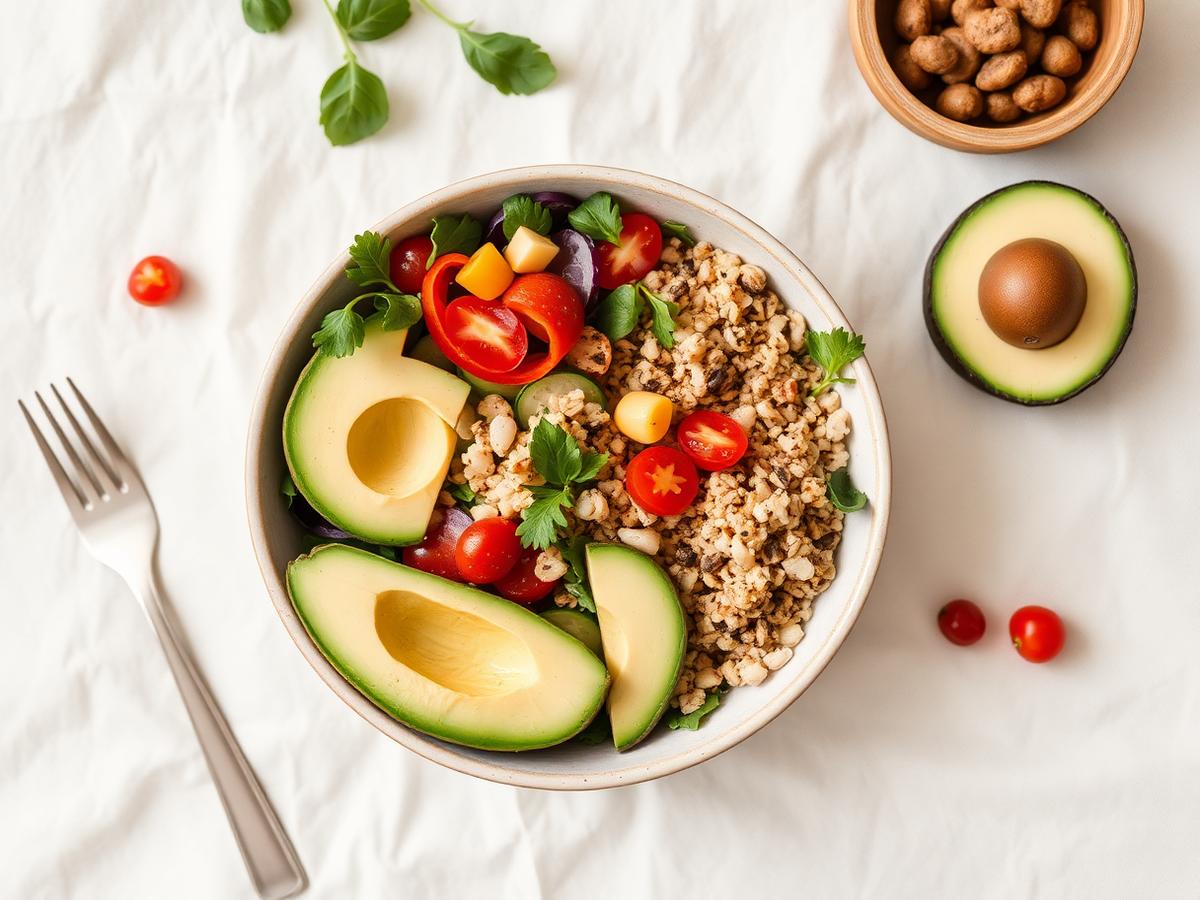 Plato saludable con verduras frescas, granos y palta
